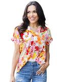 Azura Exchange Floral Print V Neck Short Sleeves Top - M