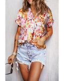 Azura Exchange Floral Print V Neck Short Sleeves Top - M