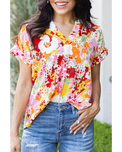 Azura Exchange Floral Print V Neck Short Sleeves Top - S