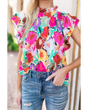 Azura Exchange Abstract Floral Print Frilled Neck Pleated Blouse - L