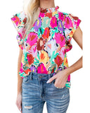 Azura Exchange Abstract Floral Print Frilled Neck Pleated Blouse - M