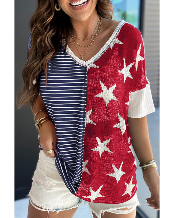 Azura Exchange Stripes Stars Print Knit Short Sleeves Top - L