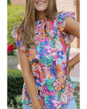 Azura Exchange Flutter Sleeves Smocked Neck Blouse with Floral Print - M