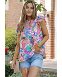 Azura Exchange Flutter Sleeves Smocked Neck Blouse with Floral Print - M