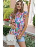 Azura Exchange Flutter Sleeves Smocked Neck Blouse with Floral Print - M