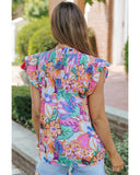 Azura Exchange Flutter Sleeves Smocked Neck Blouse with Floral Print - M