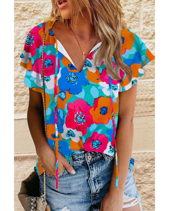 Azura Exchange Floral Print Drawstring V Neck Short Sleeve Blouse - M