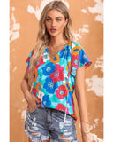 Azura Exchange Floral Print Drawstring V Neck Short Sleeve Blouse - M