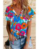 Azura Exchange Floral Print Drawstring V Neck Short Sleeve Blouse - S