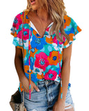 Azura Exchange Floral Print Drawstring V Neck Short Sleeve Blouse - S