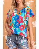 Azura Exchange Floral Print Drawstring V Neck Short Sleeve Blouse - S