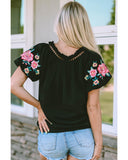 Azura Exchange Embroidered Bubble Sleeve Frill V Neck Top - M