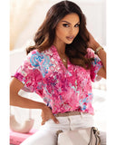 Azura Exchange Abstract Floral Print Notch V Neck Blouse - M