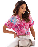 Azura Exchange Abstract Floral Print Notch V Neck Blouse - M