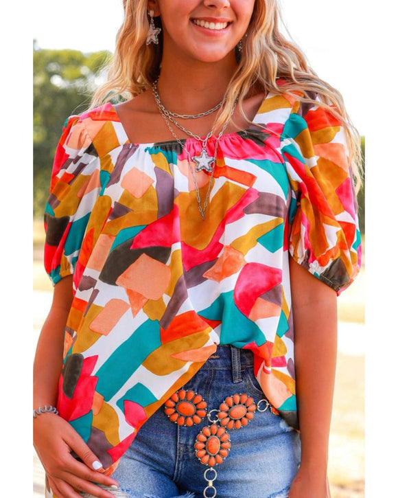 Azura Exchange Abstract Print Square Neck Short Sleeve Blouse - M