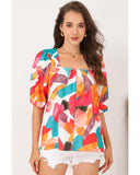 Azura Exchange Abstract Print Square Neck Short Sleeve Blouse - M