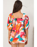 Azura Exchange Abstract Print Square Neck Short Sleeve Blouse - M