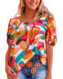 Azura Exchange Abstract Print Square Neck Short Sleeve Blouse - XL