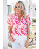 Azura Exchange Ruffled Floral Top with Split Neck and Puff Sleeves - L