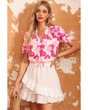 Azura Exchange Ruffled Floral Top with Split Neck and Puff Sleeves - M