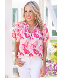 Azura Exchange Ruffled Floral Top with Split Neck and Puff Sleeves - S