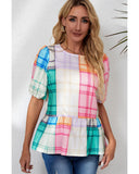 Azura Exchange Bold Plaid Color Block Puff Sleeve Peplum Top - M