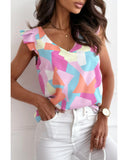 Azura Exchange Geometric Print V-Neck Pleated Cap Sleeve Top - L