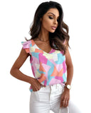 Azura Exchange Geometric Print V-Neck Pleated Cap Sleeve Top - L