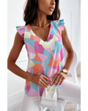 Azura Exchange Geometric Print V-Neck Pleated Cap Sleeve Top - M