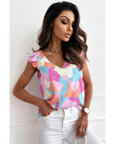 Azura Exchange Geometric Print V-Neck Pleated Cap Sleeve Top - M