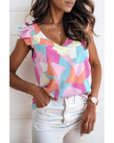 Azura Exchange Geometric Print V-Neck Pleated Cap Sleeve Top - M