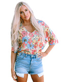 Azura Exchange Floral Print V Neck Half Sleeve Blouse - M