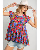 Azura Exchange Floral Print Ruffle Tiered Short Sleeve Babydoll Top - L