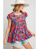 Azura Exchange Floral Print Ruffle Tiered Short Sleeve Babydoll Top - M