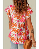 Azura Exchange Floral Ruffle Sleeve Blouse with Split V-Neck - L