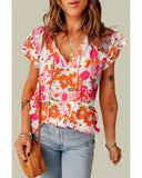 Azura Exchange Floral Ruffle Sleeve Blouse with Split V-Neck - M