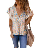 Azura Exchange Crisscross V Neck Ruffle Sleeve Printed Flowy Blouse - L