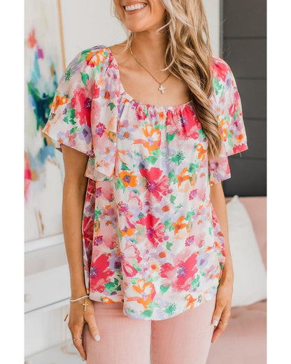 Azura Exchange Watercolor Floral Ruffle Sleeve Blouse - XL