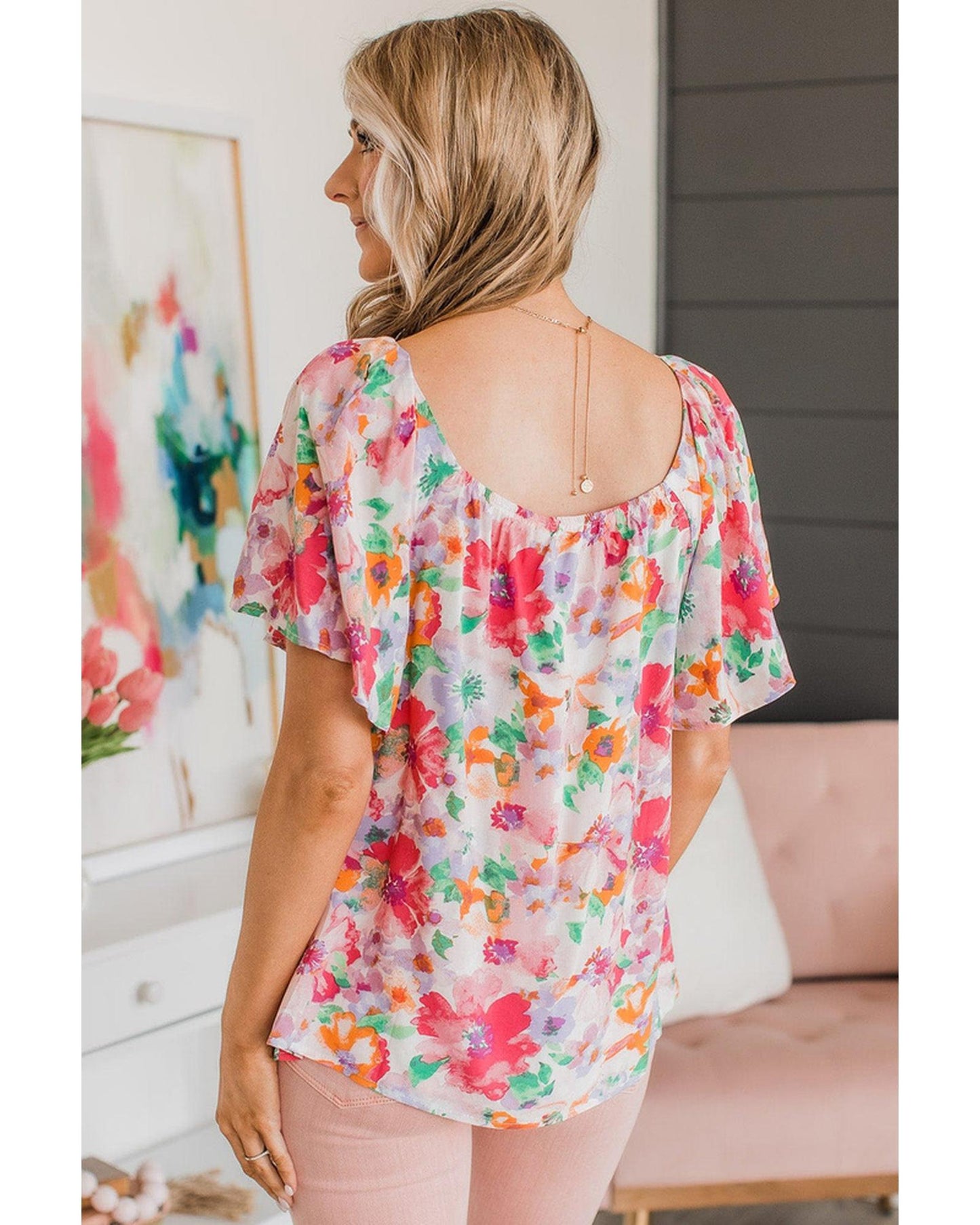 Azura Exchange Watercolor Floral Ruffle Sleeve Blouse - XL