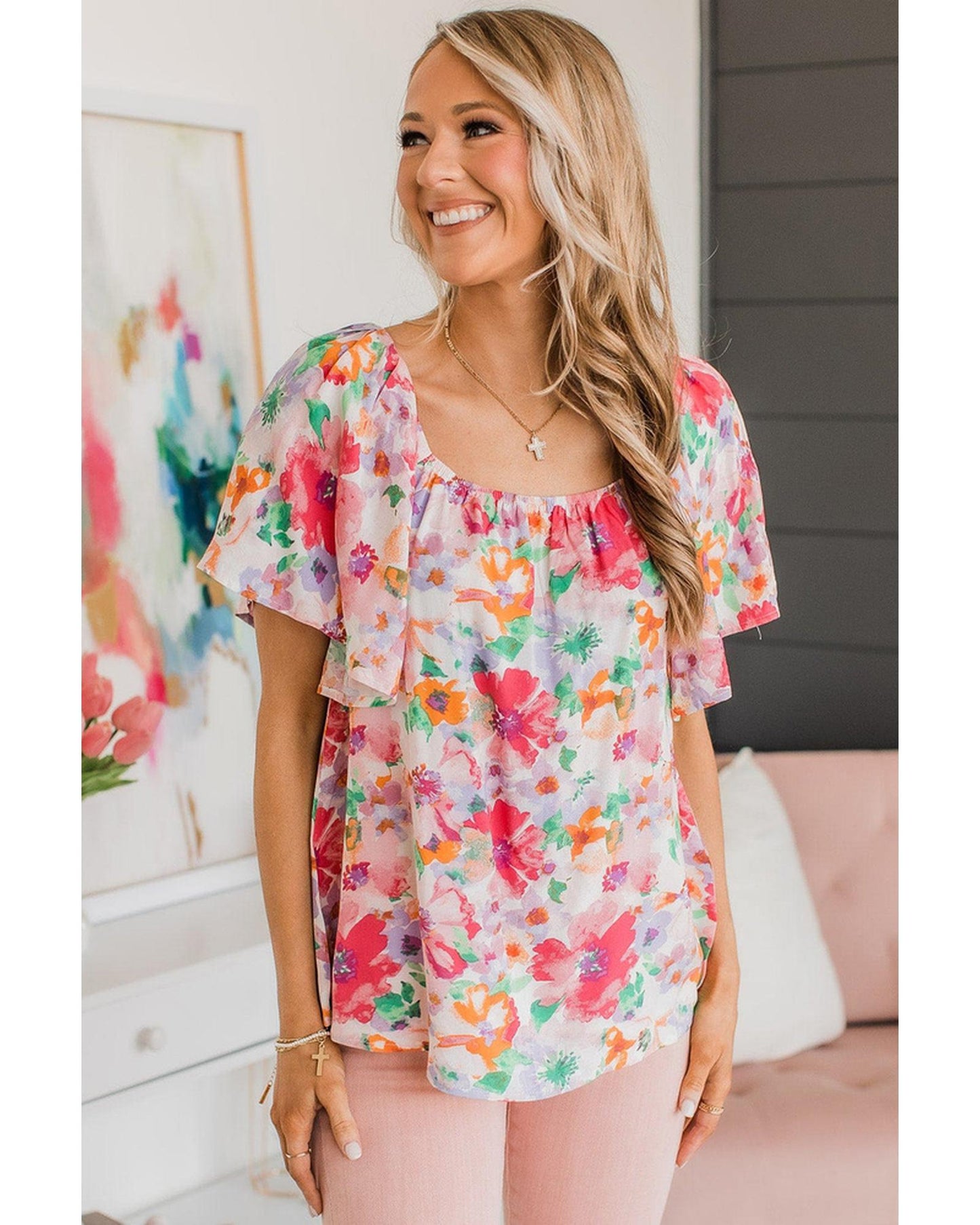 Azura Exchange Watercolor Floral Ruffle Sleeve Blouse - XL