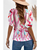 Azura Exchange Puff Sleeve Peplum Top with Abstract Print - L