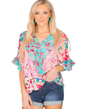 Azura Exchange Leopard Floral Mixed Print Ruffle Sleeve Blouse - L