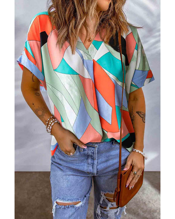 Azura Exchange Irregular Color Block Printed Short Sleeve Blouse - M