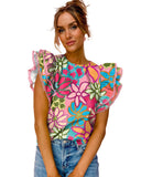 Azura Exchange Vibrant Floral Print Ruffle Sleeve Blouse - L