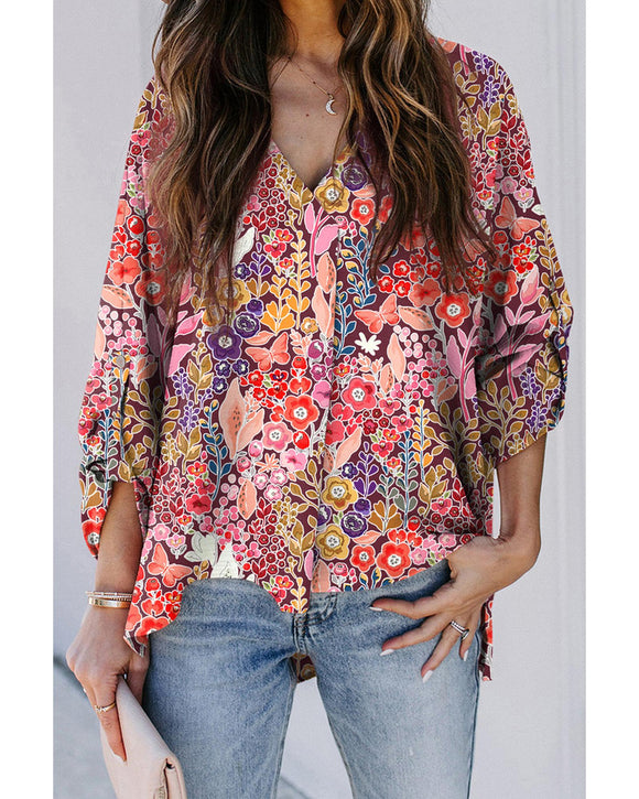 Azura Exchange Boho Floral Long Sleeve V-Neck Blouse - L