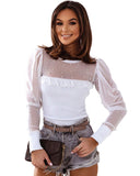 Azura Exchange Mesh Patchwork Ribbed Long Sleeve Top with Pearl Accents - L