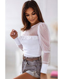 Azura Exchange Mesh Patchwork Ribbed Long Sleeve Top with Pearl Accents - M