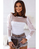 Azura Exchange Mesh Patchwork Ribbed Long Sleeve Top with Pearl Accents - M