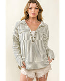 Azura Exchange Striped Thumbhole Drop Shoulder V Neck Top - L