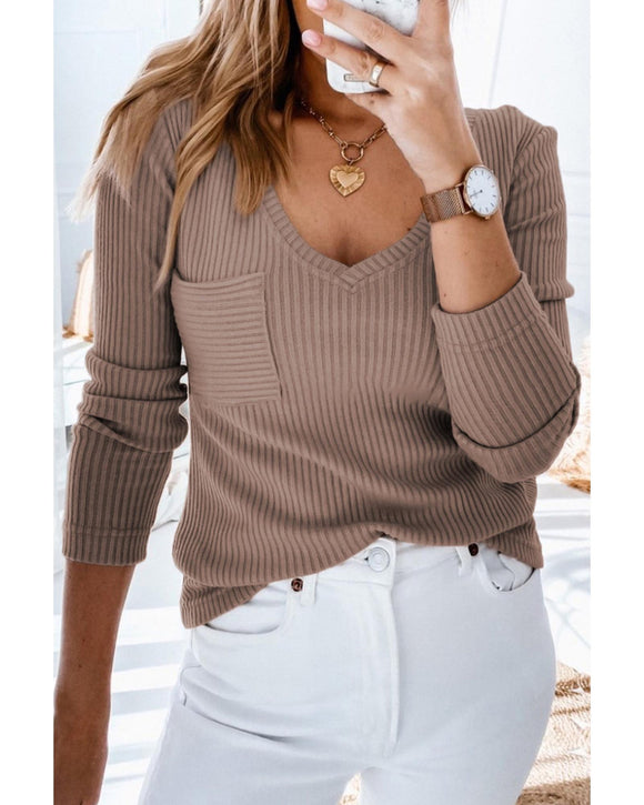 Azura Exchange Ribbed Knit Patched V Neck Top - L